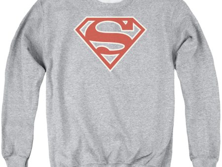 SUPERMAN : CRIMSON AND CREAM SHIELD ADULT CREW NECK SWEATSHIRT ATHLETIC HEATHER SM Hot on Sale