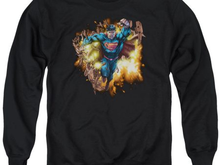 SUPERMAN : BLASTING THROUGH ADULT CREW SWEAT BLACK LG Cheap